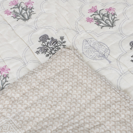 Floral Block Print Soft Jaipuri Razai Quilt- Pink