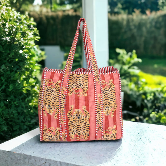 Handmade Quilted Tote Bag - Disco Tiger Red
