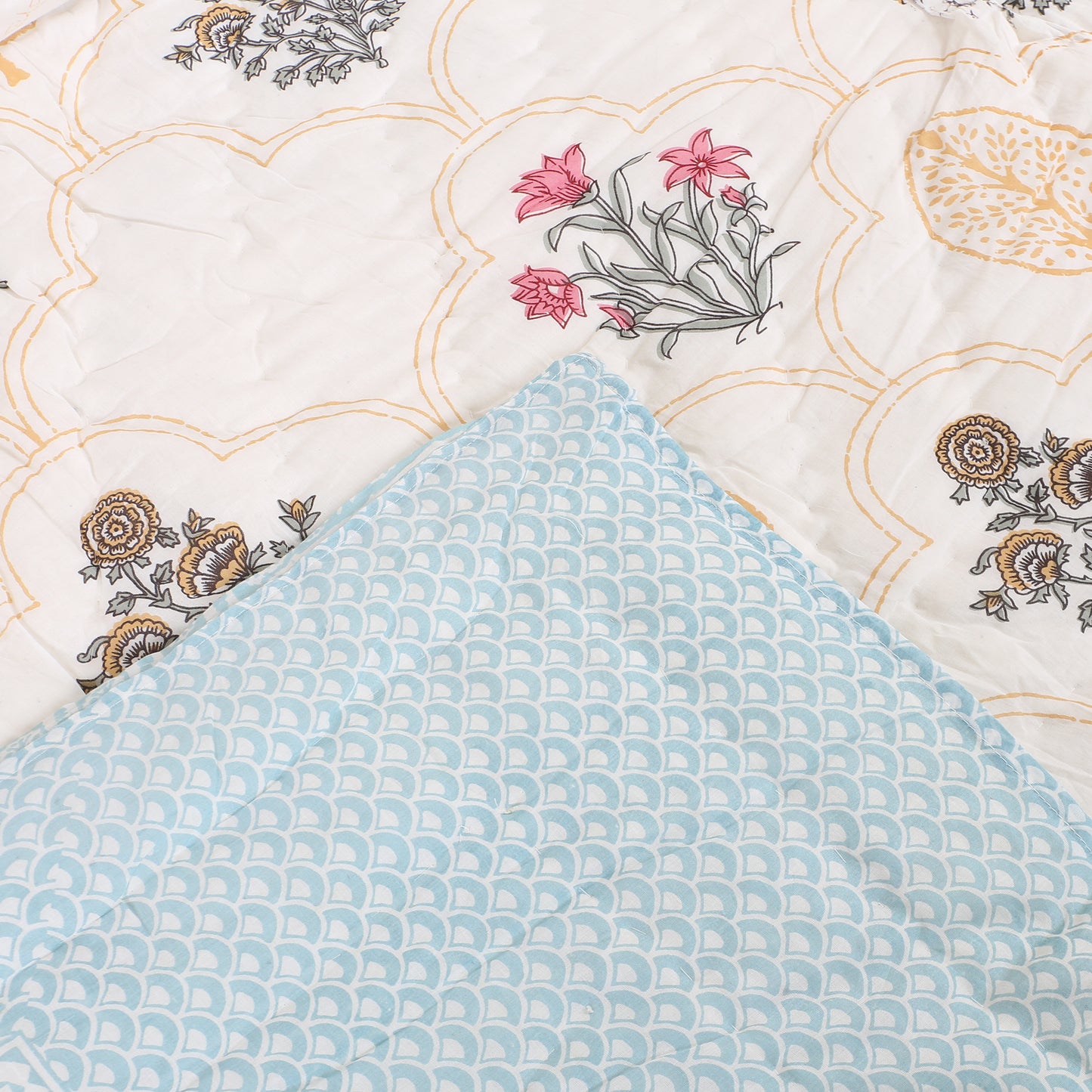 Floral Block Print Soft Jaipuri Razai Quilt- Blue
