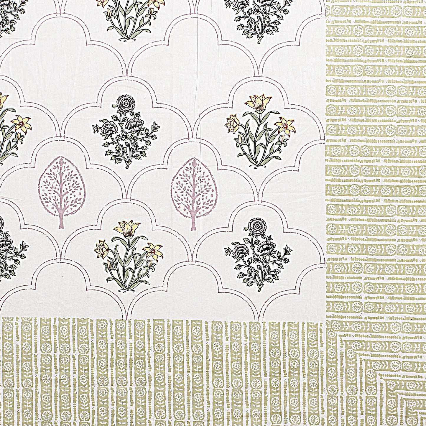 Floral Block Print King Size Bedsheet- Golden