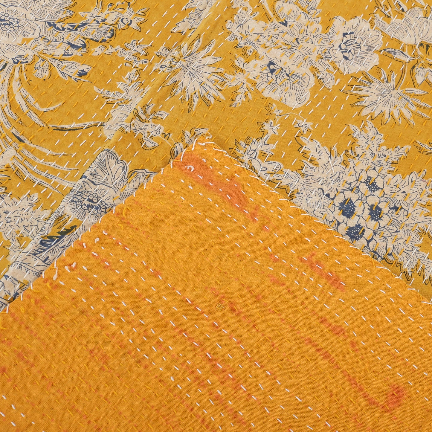 Hand Quilted Kantha Bedcover- Yellow Bells