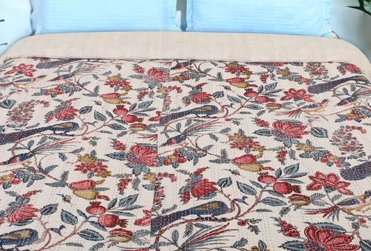 Hand Quilted Kantha Bedcover- Elegant Peacock
