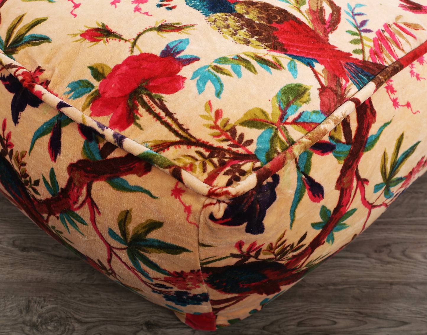 Birds of Paradise Velvet Square Ottoman / bean bag -Peach