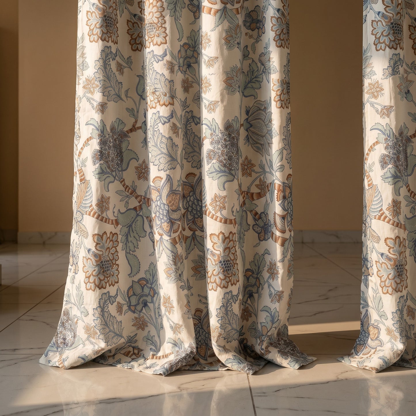 Blue Floral Cotton Cambric Curtain Pair