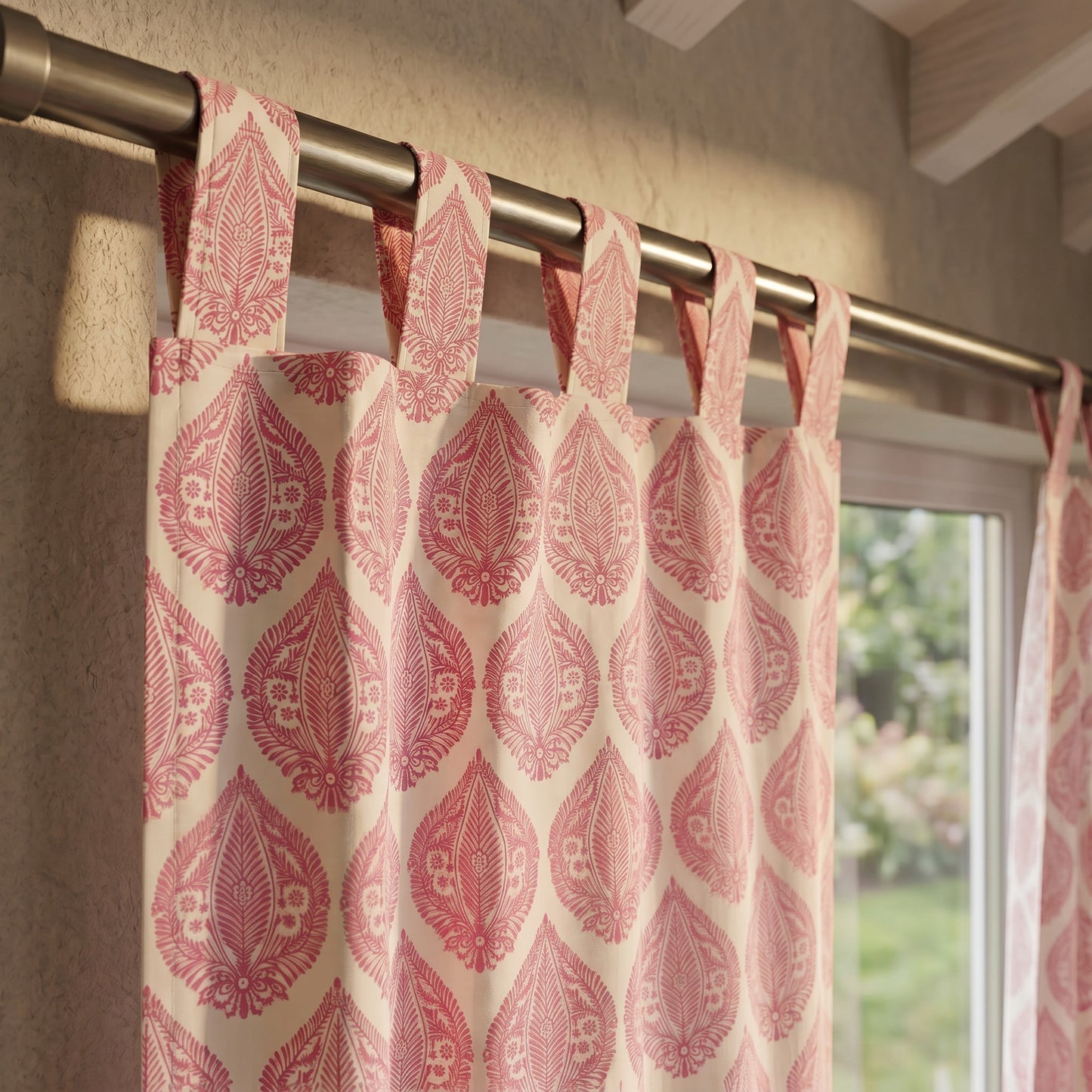 Pink Motifs Cotton Cambric Curtain Pair