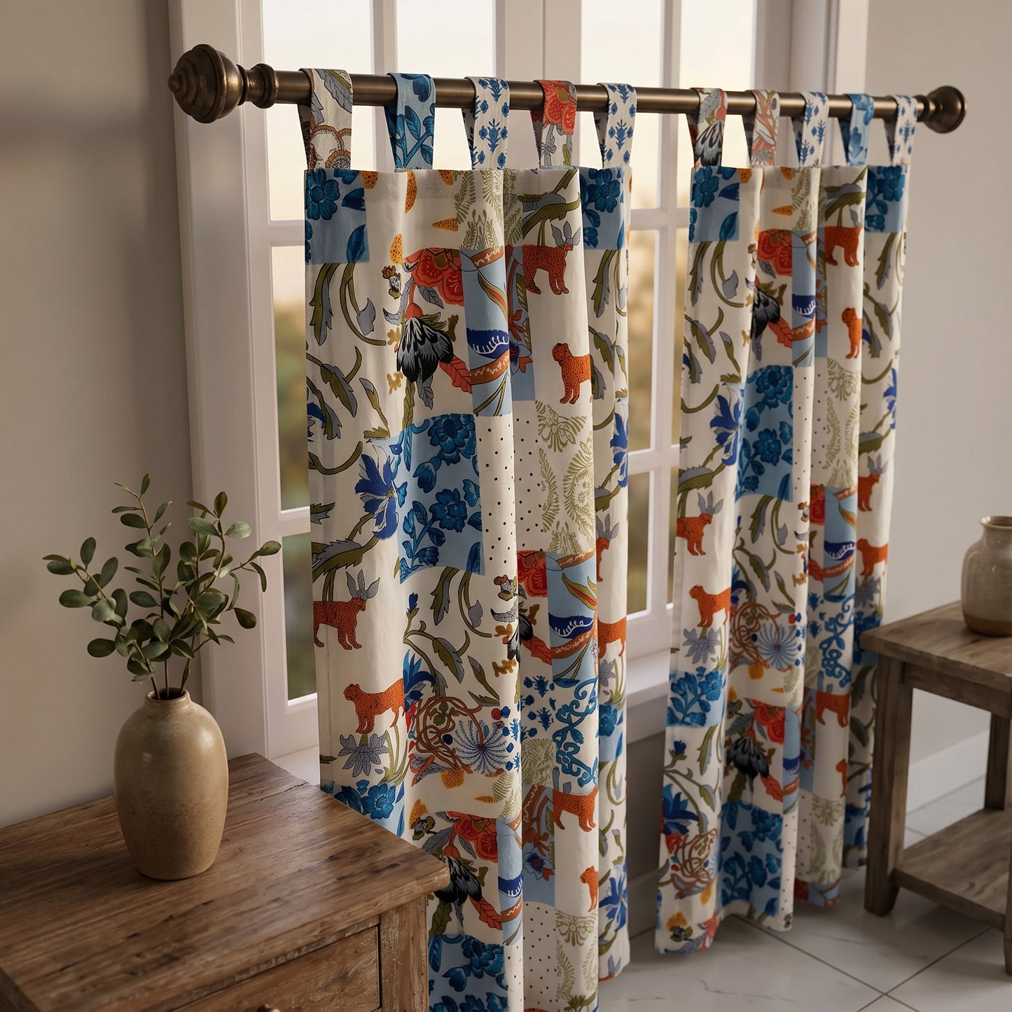 Patches Printed Cotton Cambric Curtain Pair