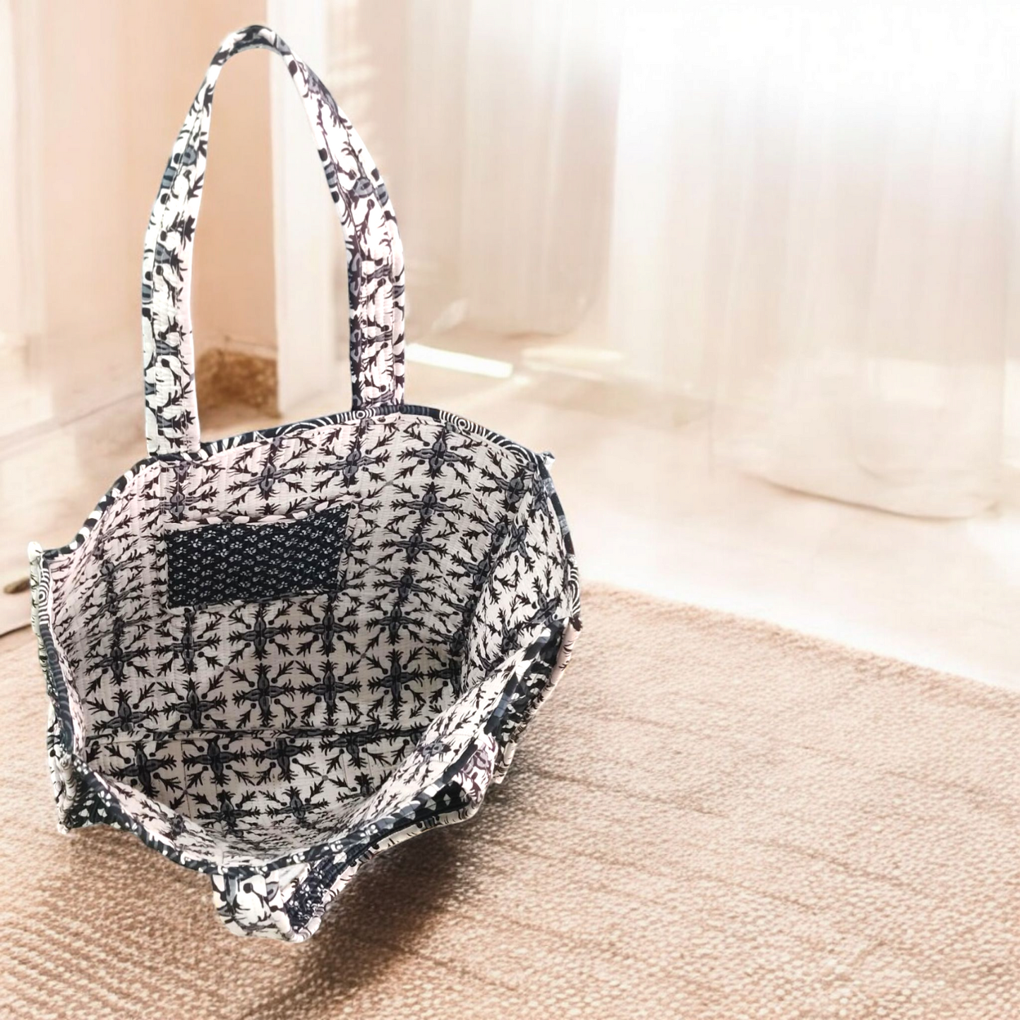 Handmade Quilted Tote Bag-Subtle grey patches