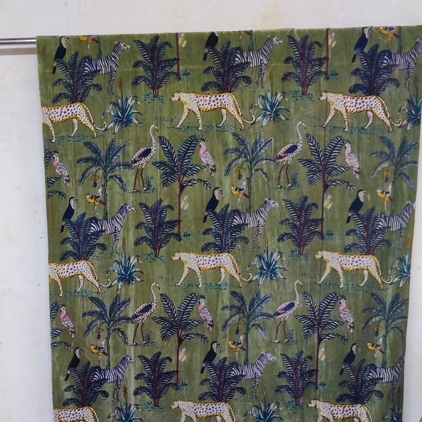 Jungle Print 1 Velvet Curtain- Olive Green
