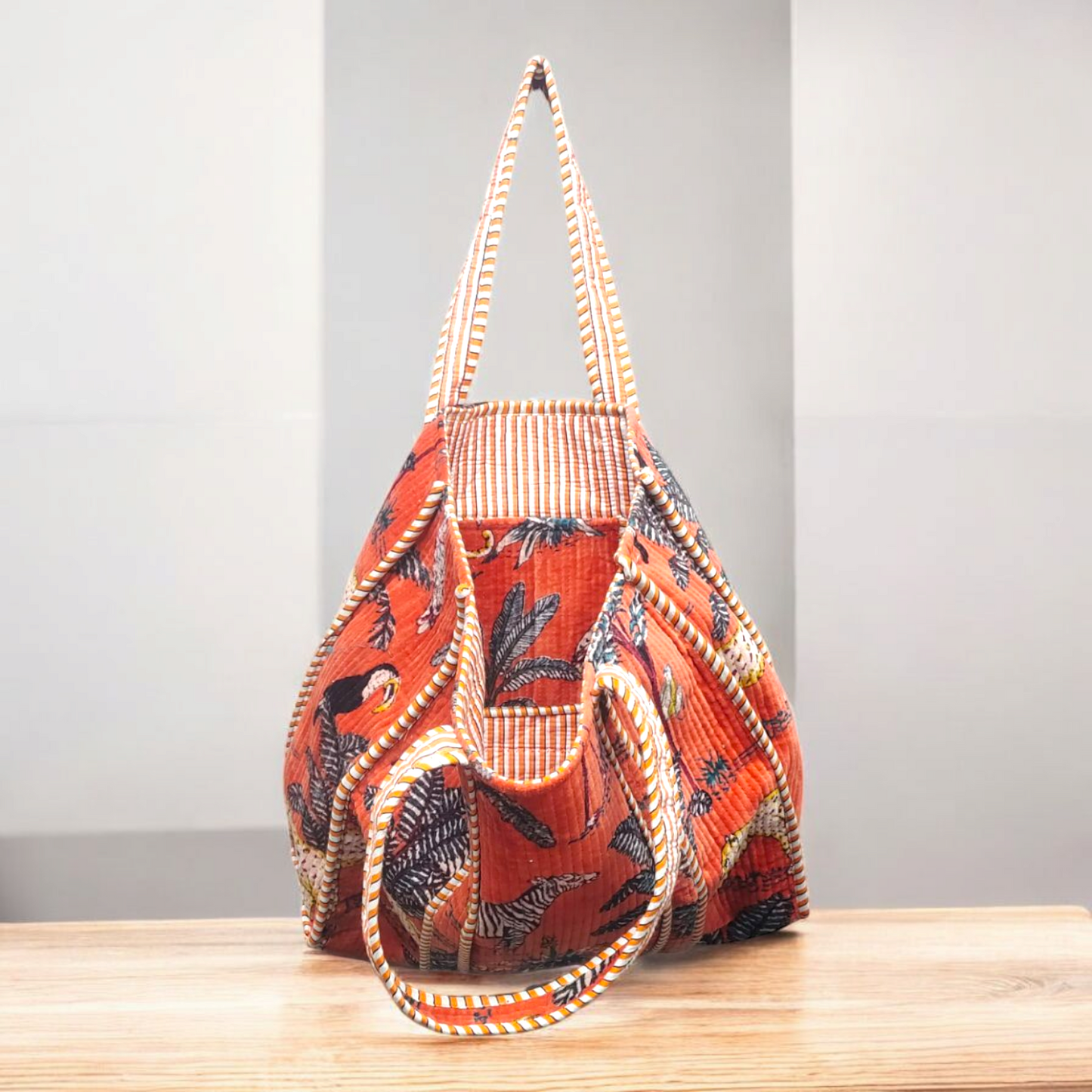 Velvet Quilted Tote Bag- Jungle Orange