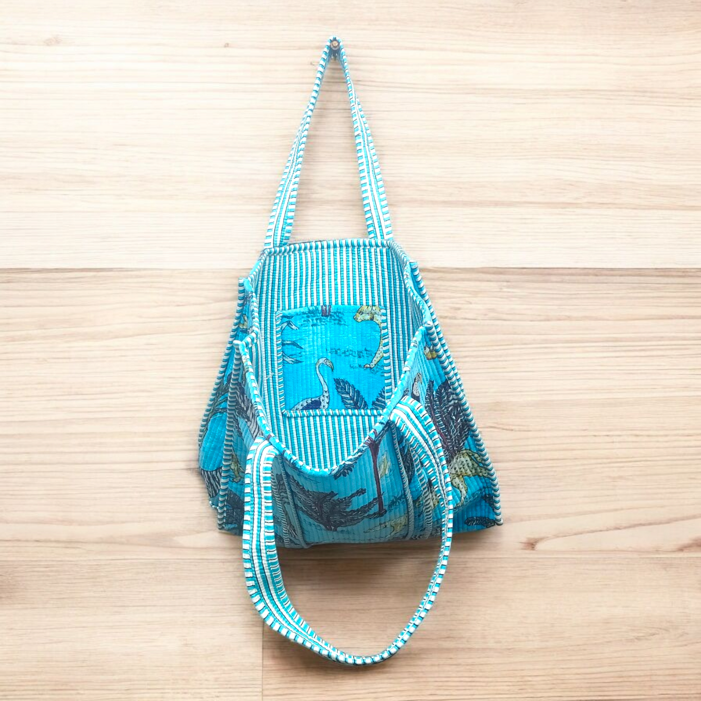 Velvet Quilted Tote Bag- Jungle blue