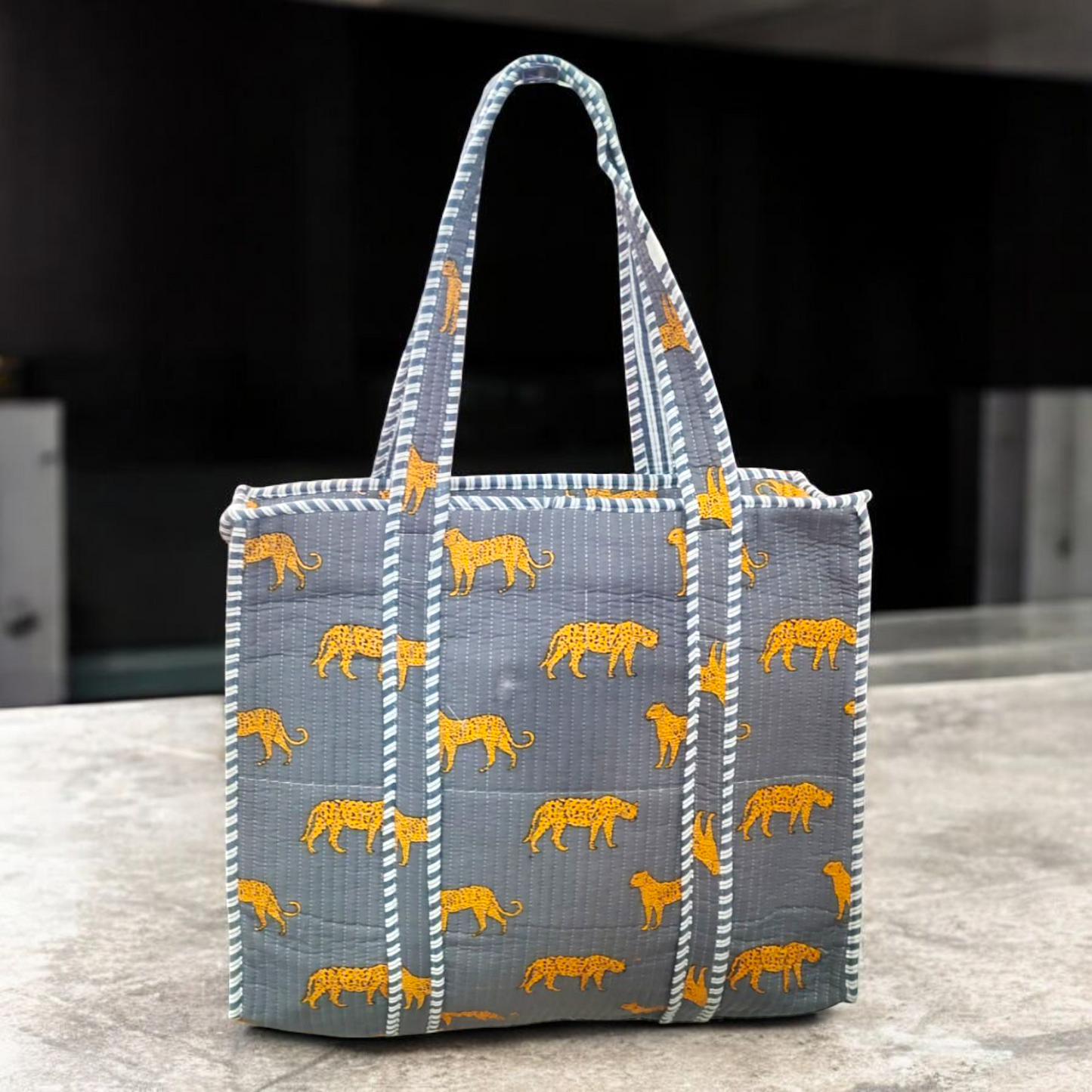 Quilted Tote Bag with zip- grey leapord