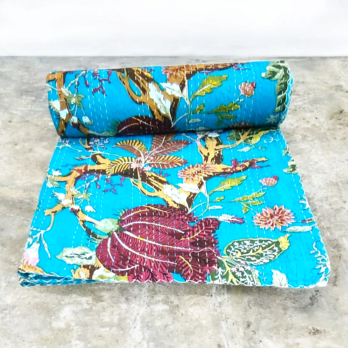 Hand Quilted Kantha Bedcover- Tree of life blue
