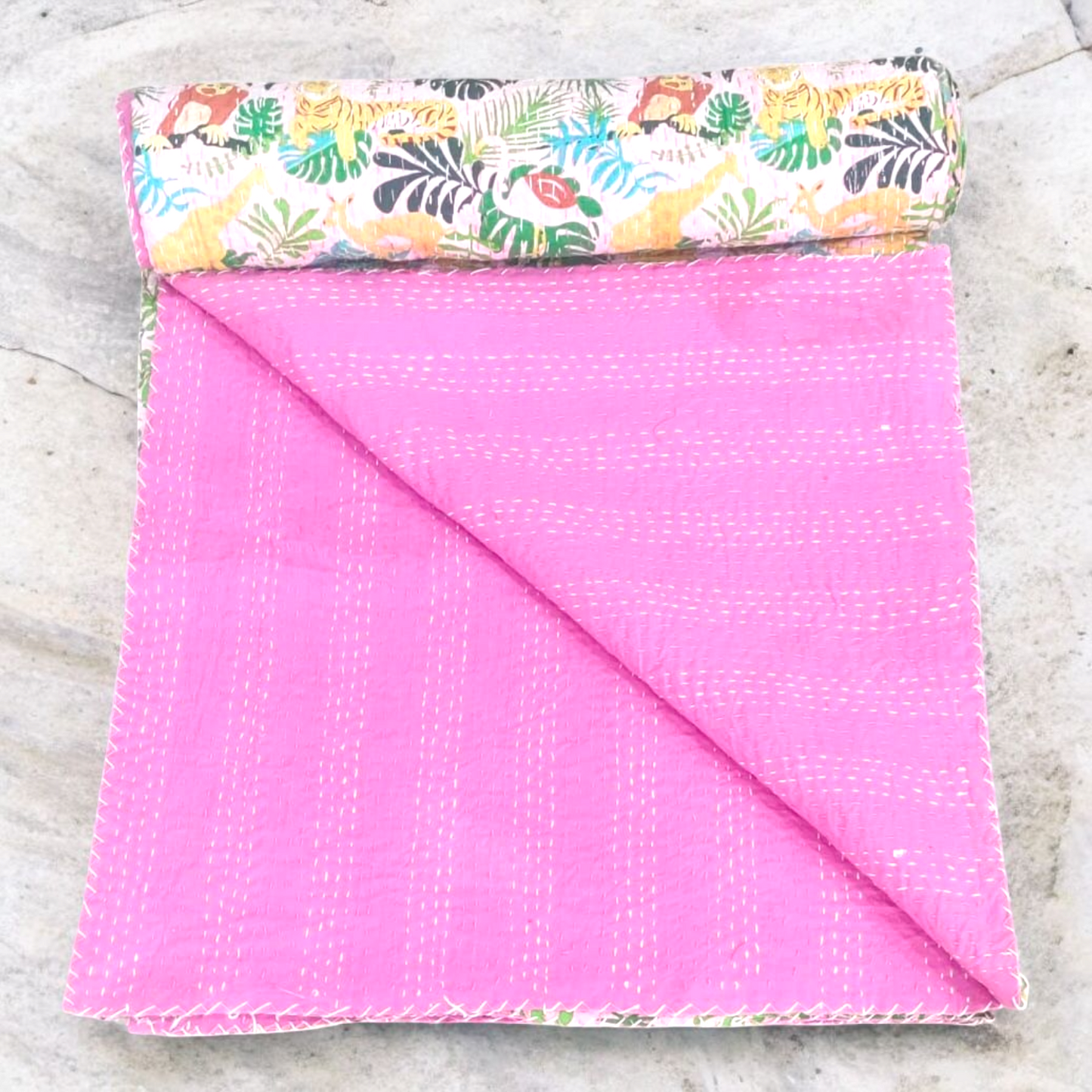 Hand Quilted Kantha Bedcover- Pink fauna