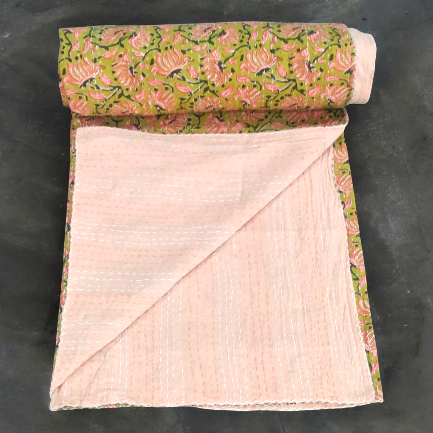 Hand Quilted Kantha Bedcover- Yellow Floral