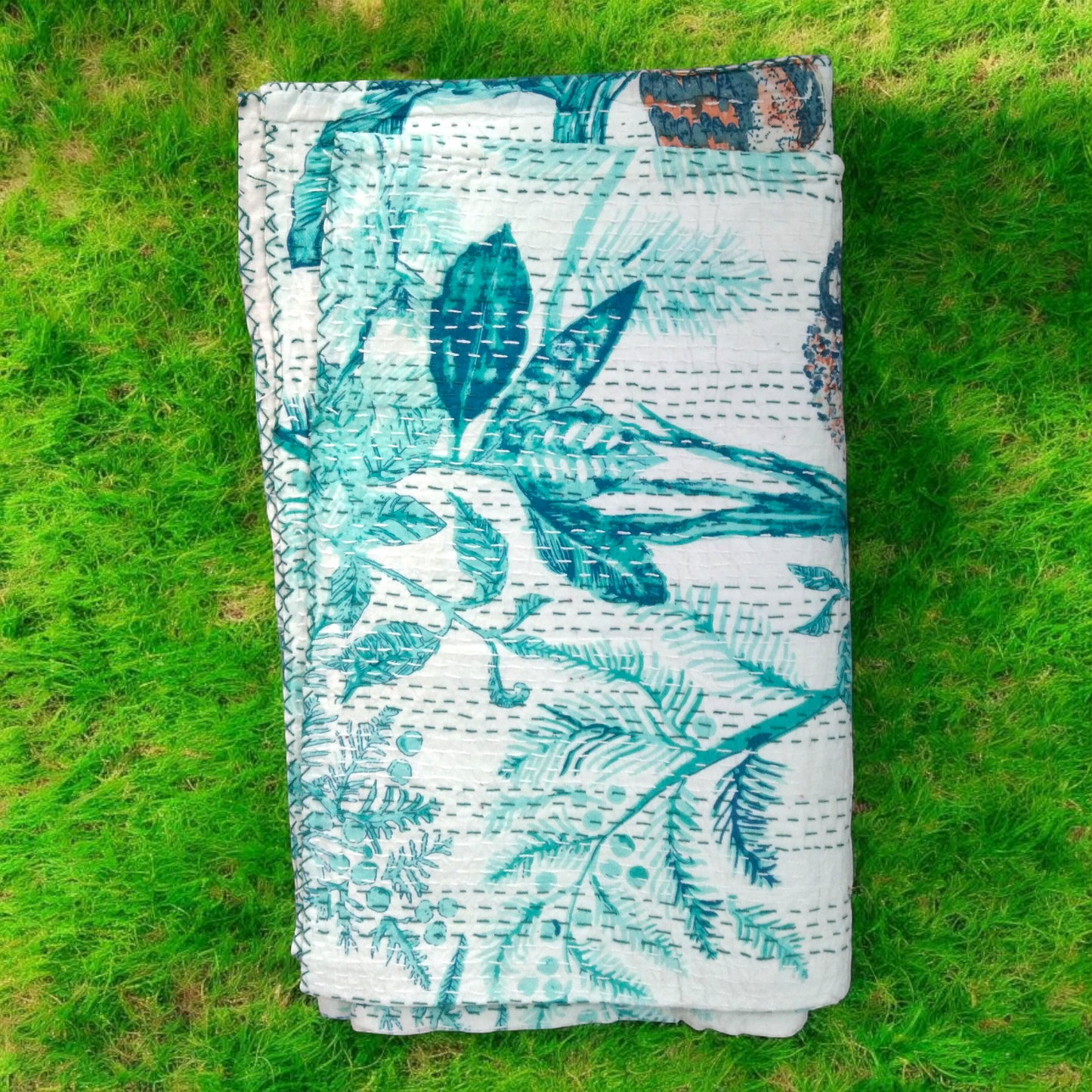 Hand Quilted Kantha Bedcover- Owl Aqua