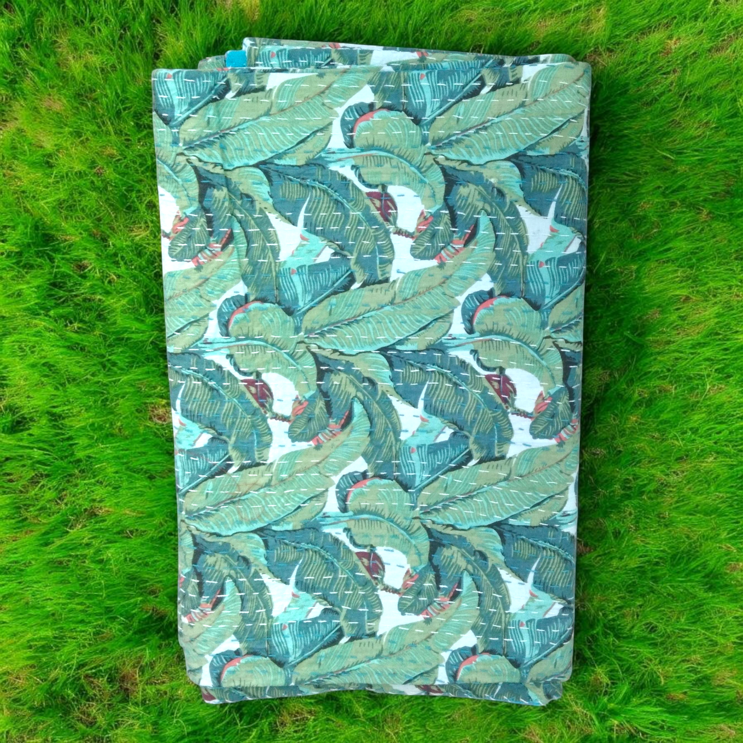 Hand Quilted Kantha Bedcover- Leaves with vibe