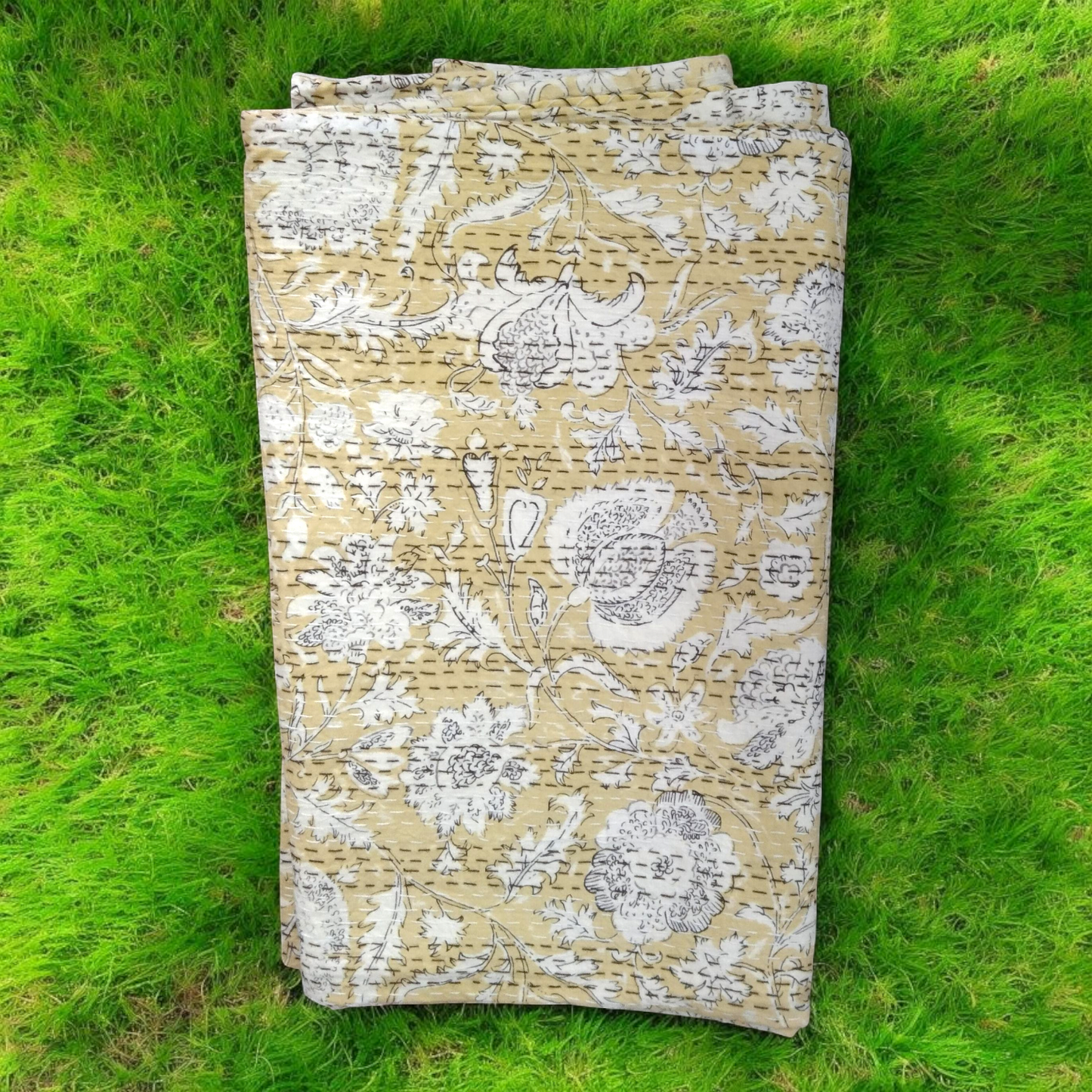 Hand Quilted Kantha Bedcover- Light Yellow