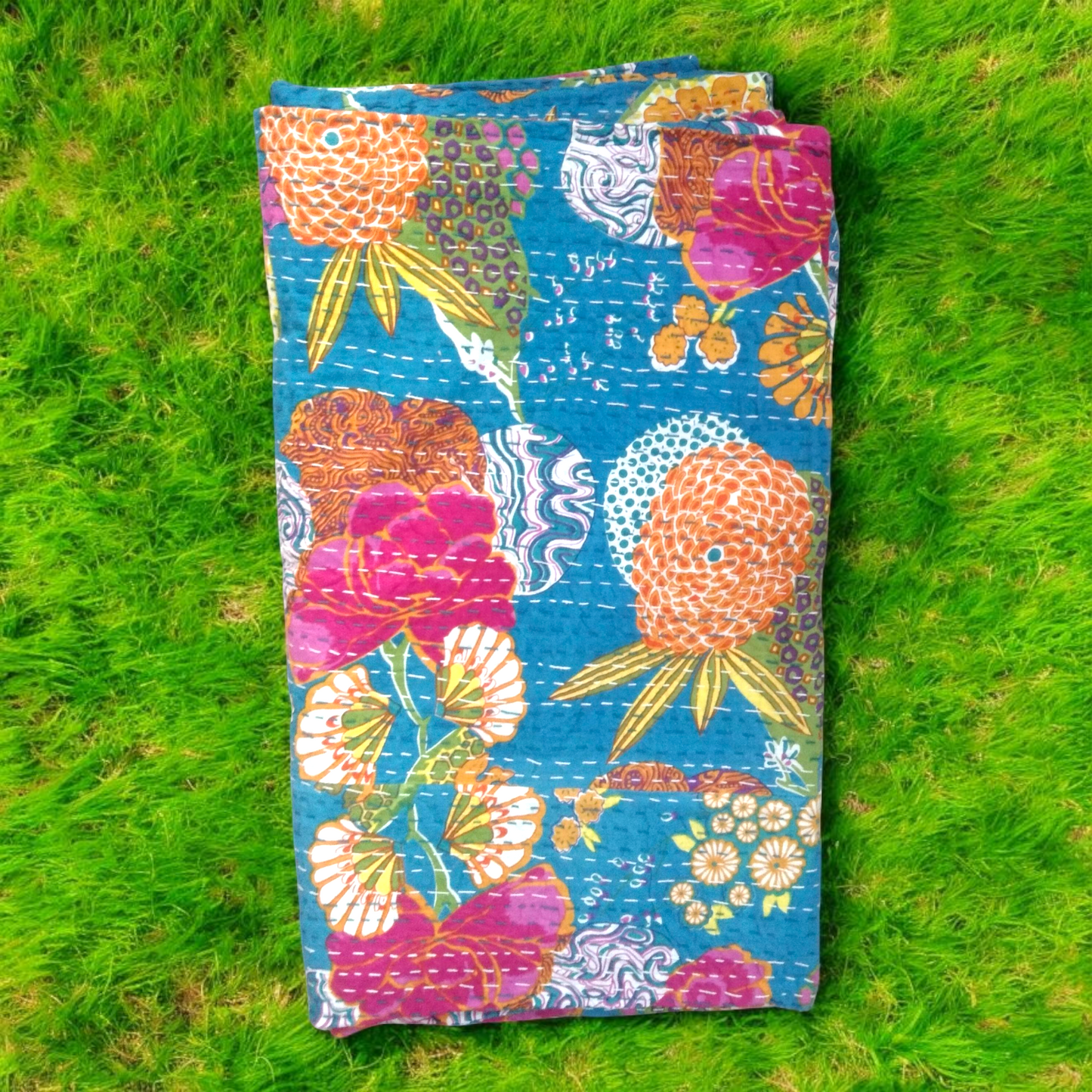 Hand Quilted Kantha Bedcover- Fruit Blue