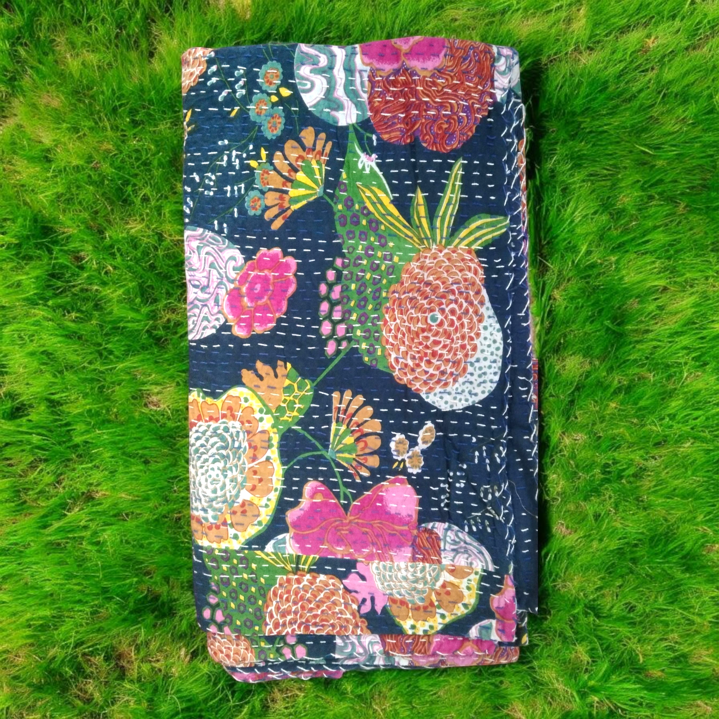 Hand Quilted Kantha Bedcover- Fruit Navy