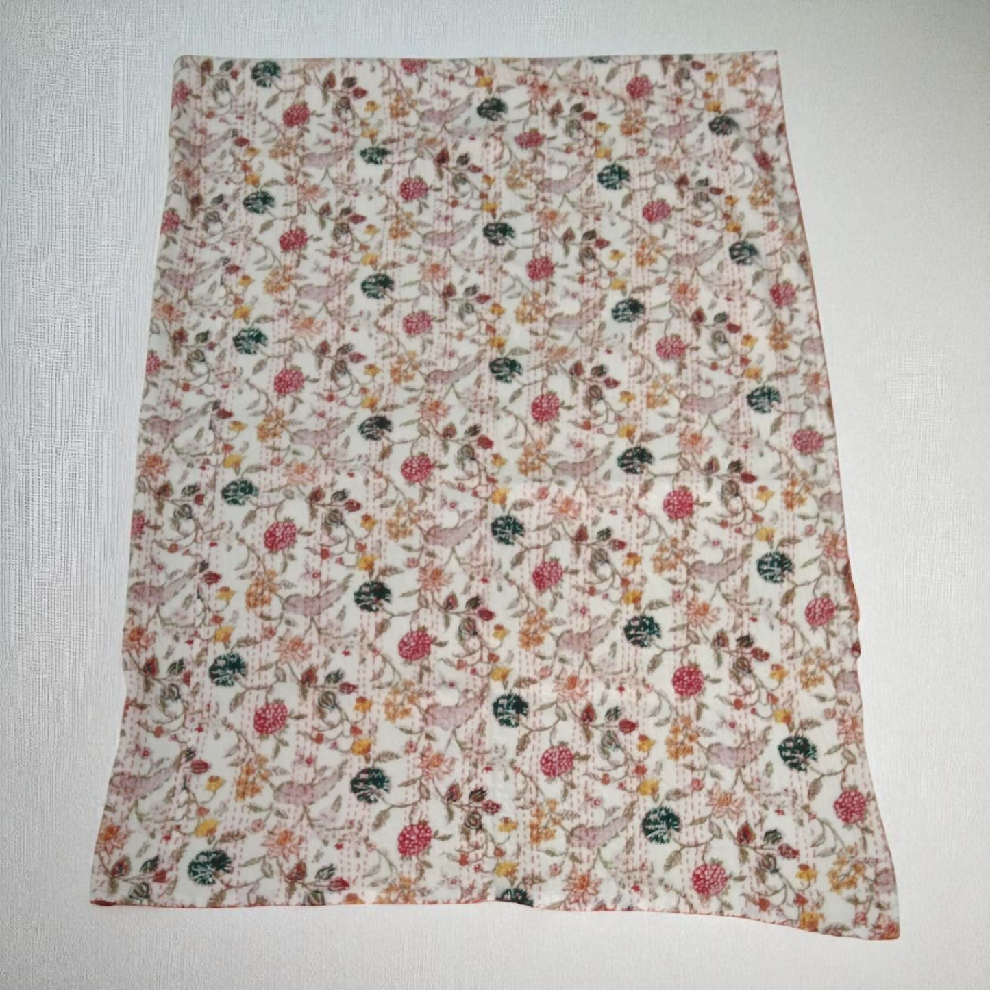 Hand Quilted Kantha Bedcover- White Floral