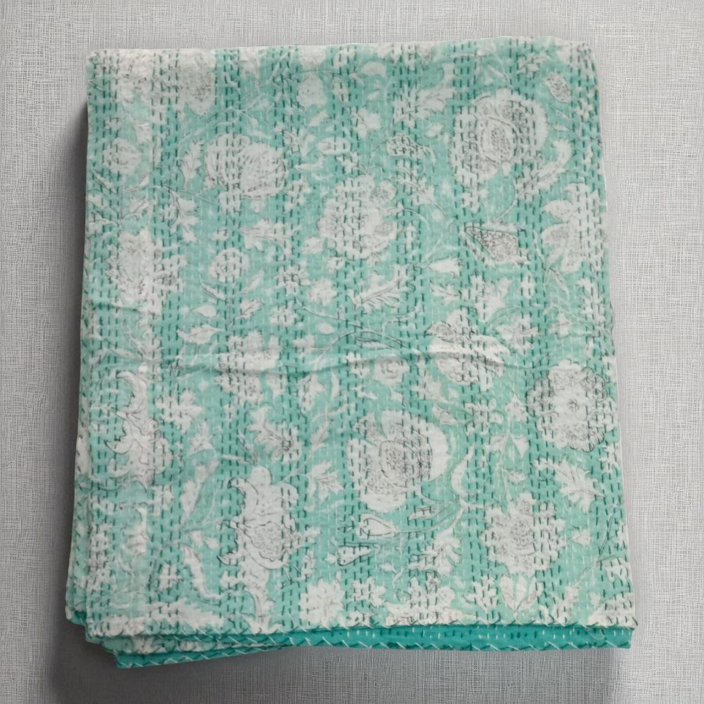 Hand Quilted Kantha Bedcover- Light green floral
