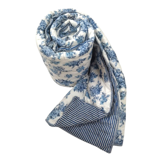 White and blue floral Cotton Cambric Single Quilt