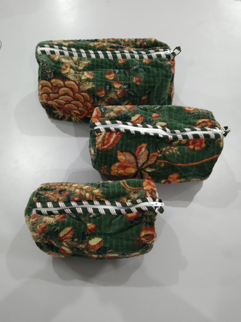 Cotton Velvet Vanity bag/ toiletry bag set of 3- Green Floral