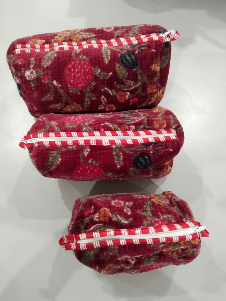Cotton Velvet Vanity bag/ toiletry bag set of 3- Red Floral