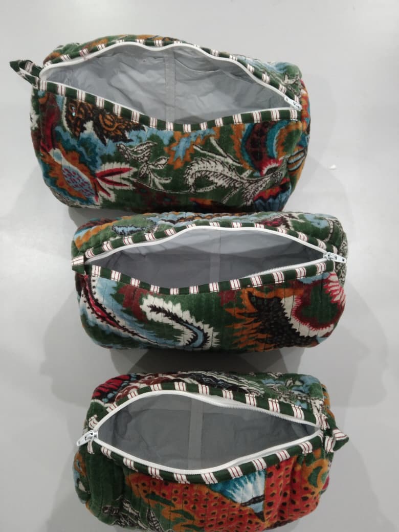 Cotton Velvet Vanity bag/ toiletry bag set of 3- Wildflower Green