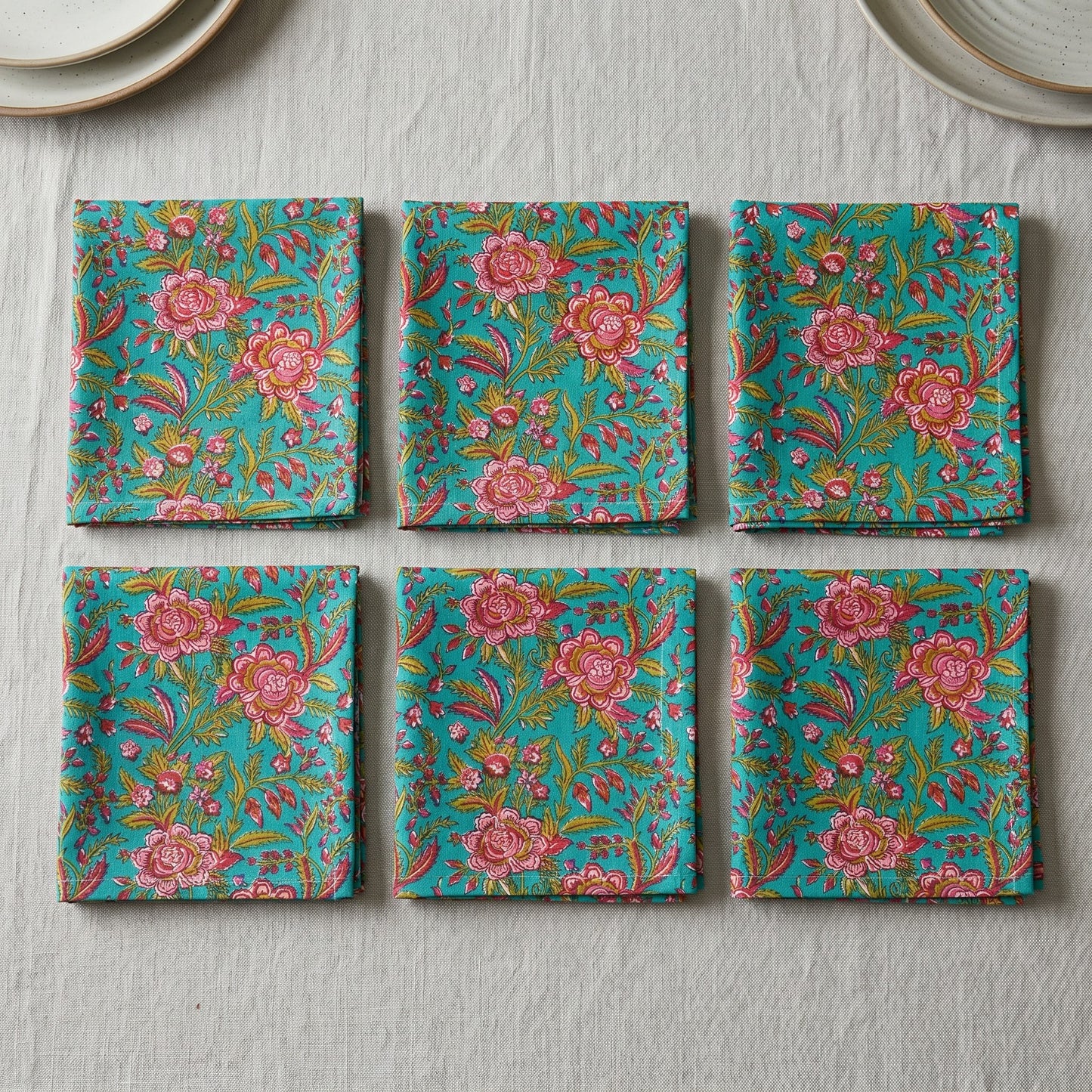 Green Floral Set of 6 Cotton Cambric Napkins
