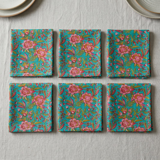 Green Floral Set of 6 Cotton Cambric Napkins
