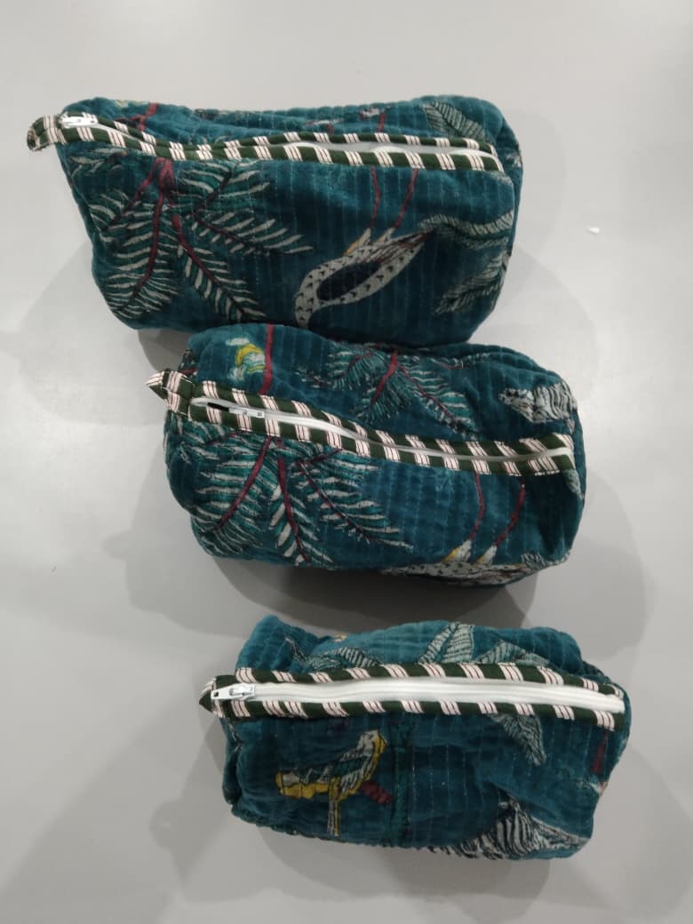 Cotton Velvet Vanity bag/ toiletry bag set of 3- Jungle Toile