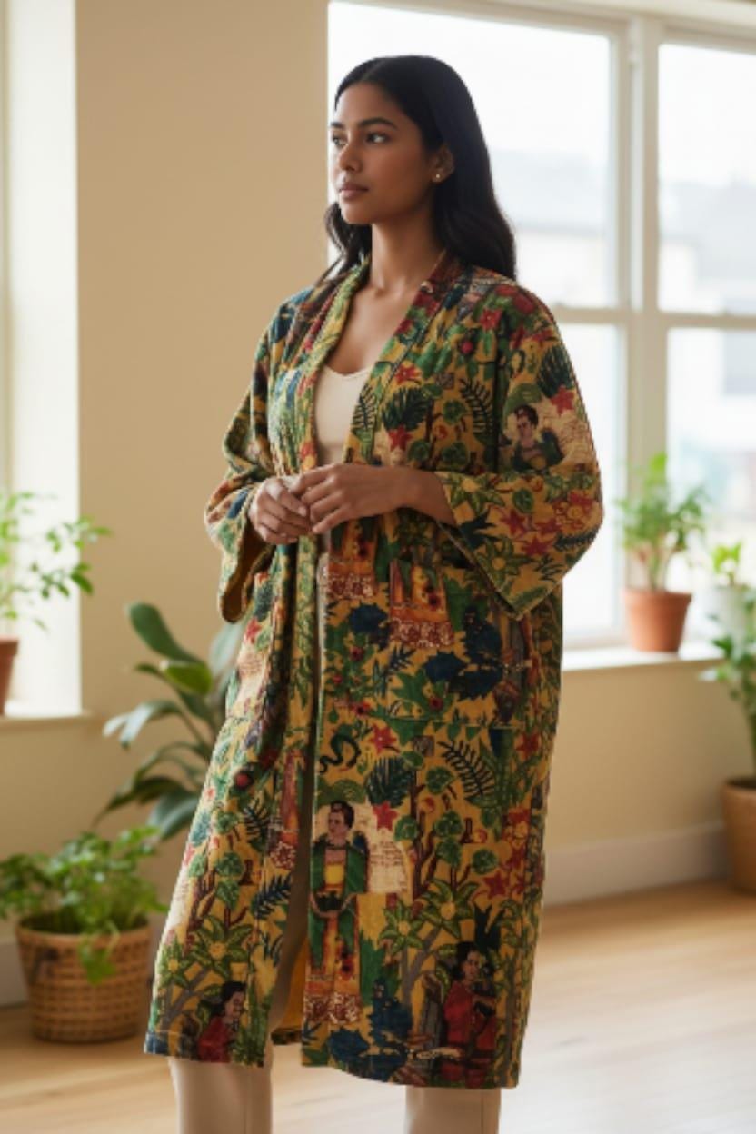Cotton Velvet Short Kimono /Robe/Lounge Wear- Frida Kahlo Yellow