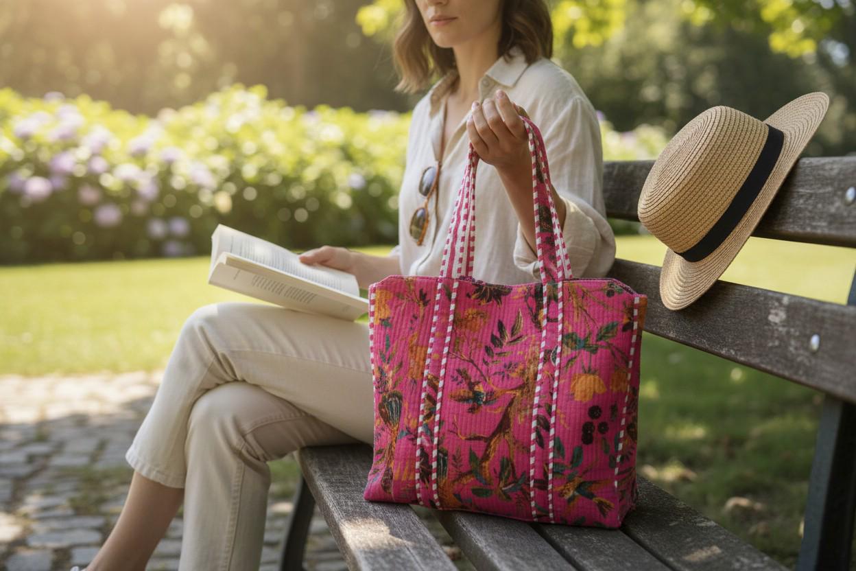 cotton velvet quilted tote bag- Birds of Paradise Pink