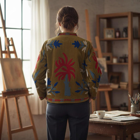 Velvet Suzani Embroidered Jacket, Floral Boho Artisan Piece Size S to M free size