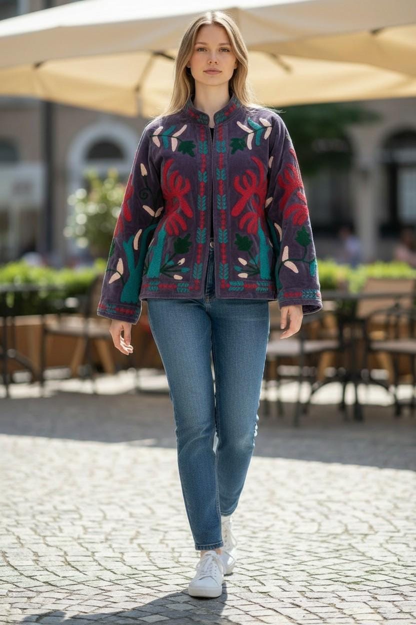 Velvet Suzani Embroidered Jacket, Floral Boho Artisan Piece Size S to M free size