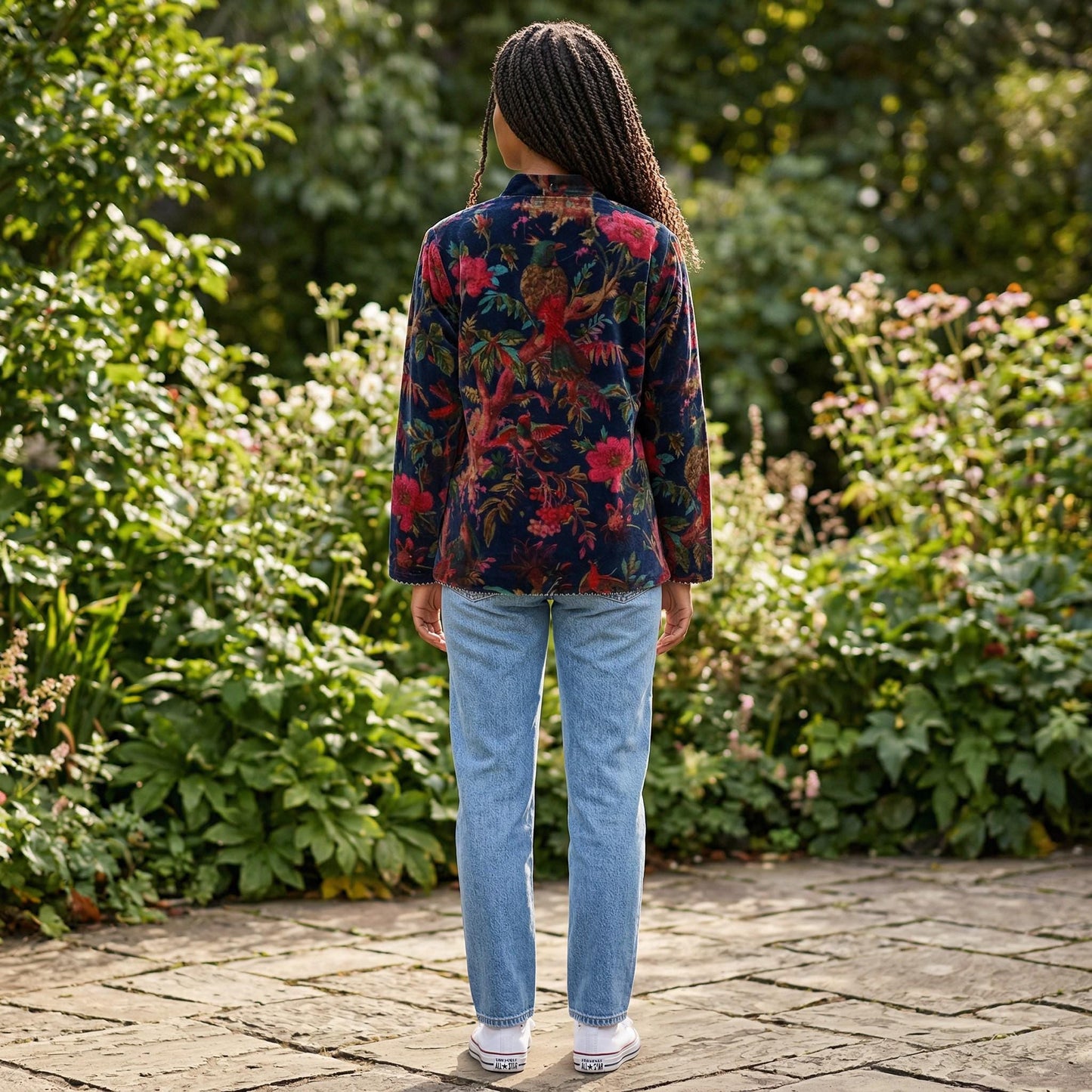 Velvet Birds of Paradise Printed Blue Jacket, Floral Handmade Jacket S & M