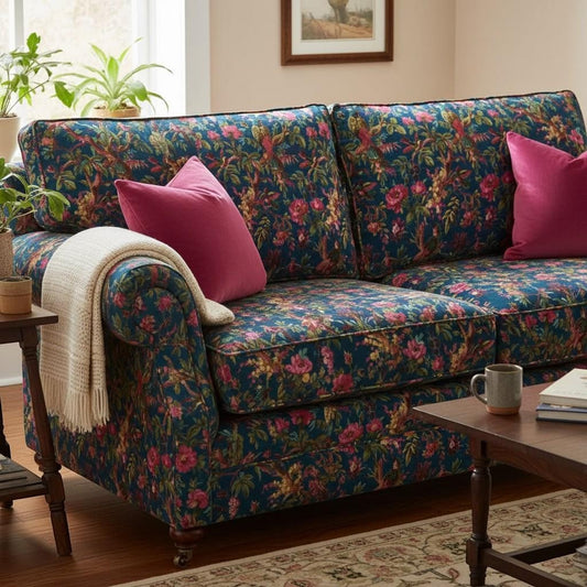 The Teal Thread royal blue cotton velvet upholstery fabric featuring a vibrant floral Paradise print on a sofa.