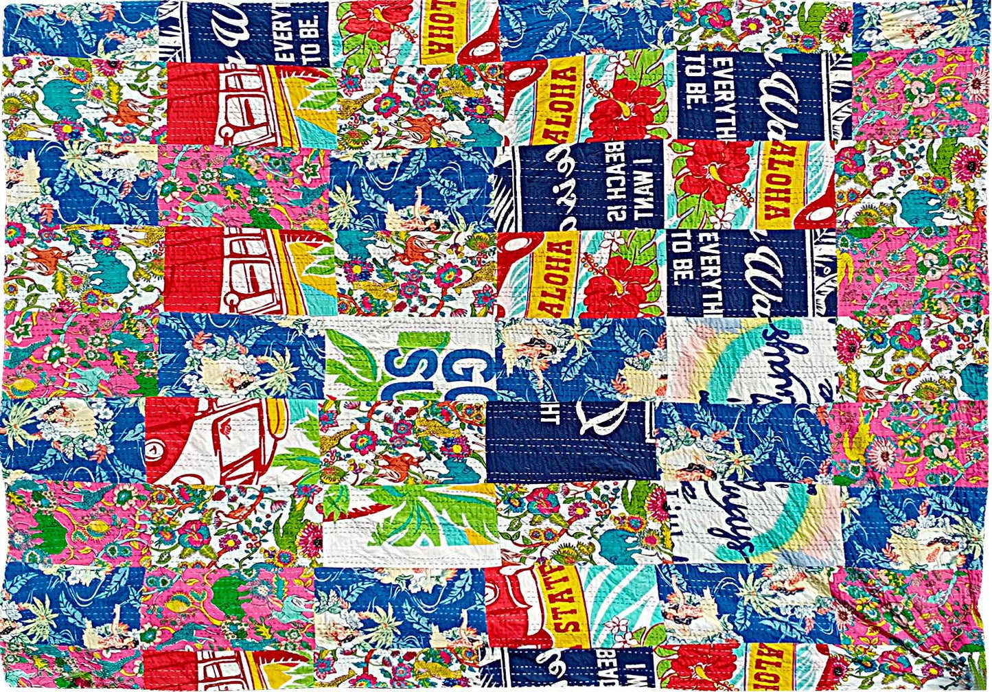 Aqua Patchwork Kantha Quilted King Bedcover - The Teal Thread