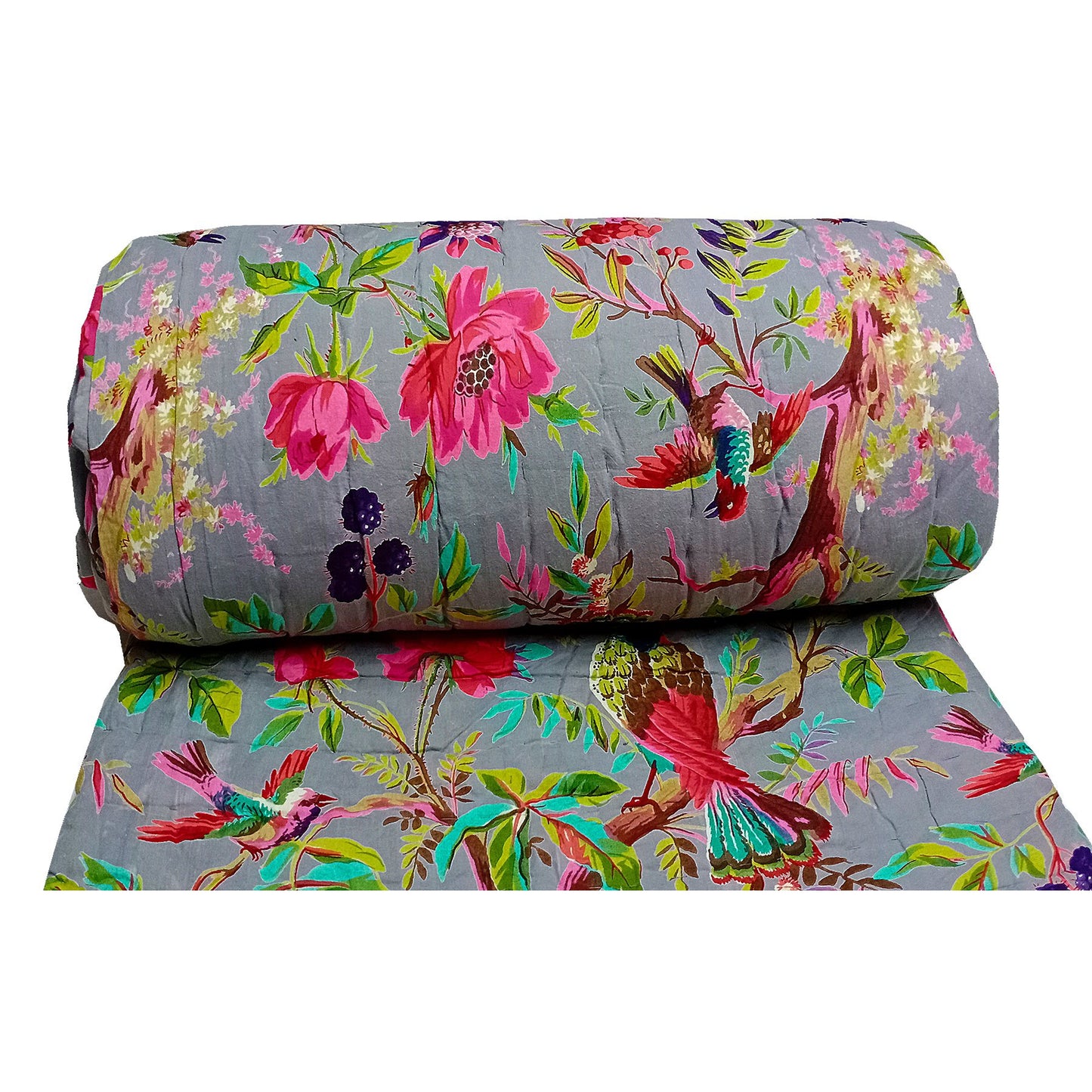 Bird Print Jaipuri Razai- Light Grey - The Teal Thread