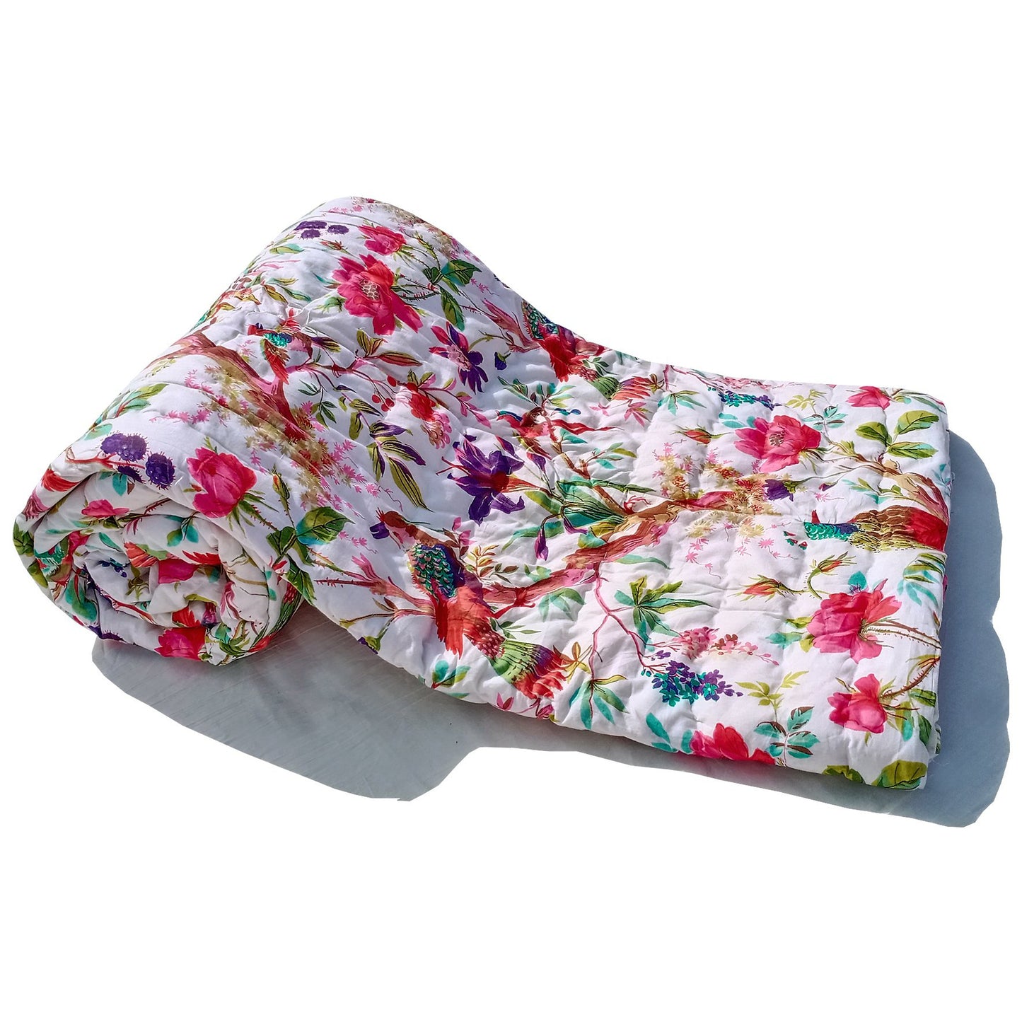 Bird Print Jaipuri Razai- White - The Teal Thread