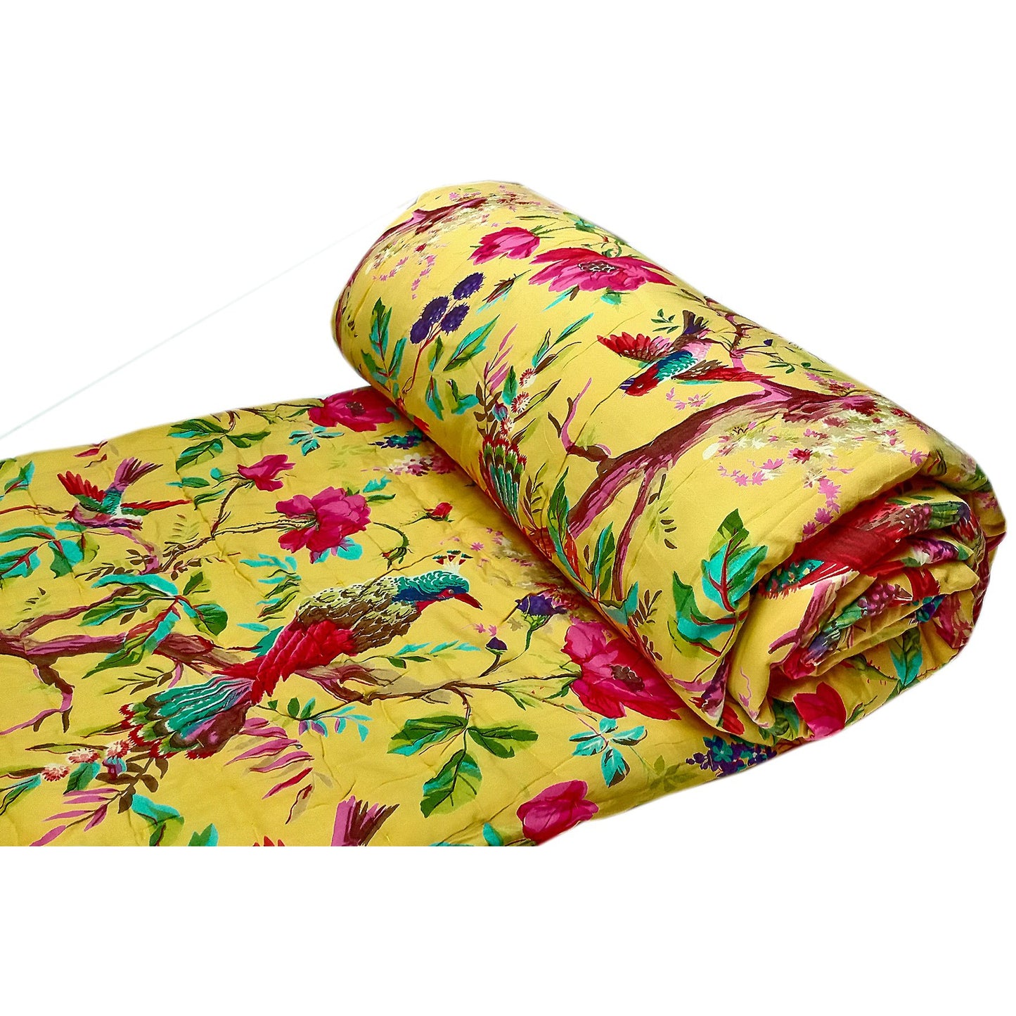 Bird Print Jaipuri Razai-Yellow - The Teal Thread