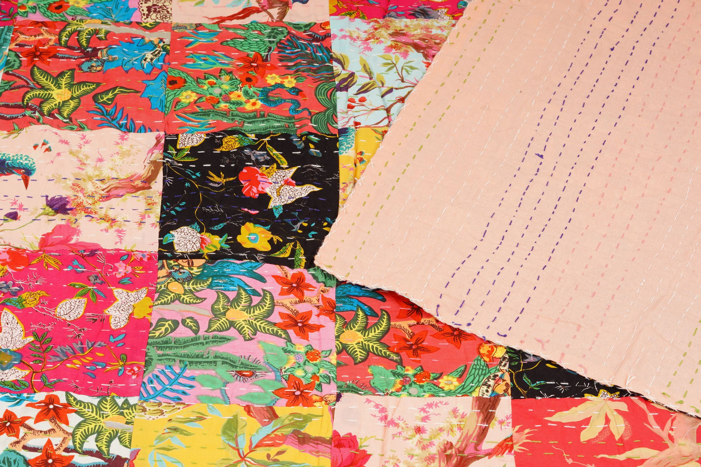 Cotton Patchwork Kantha Quilted Sofa throw- Multicolor - The Teal Thread