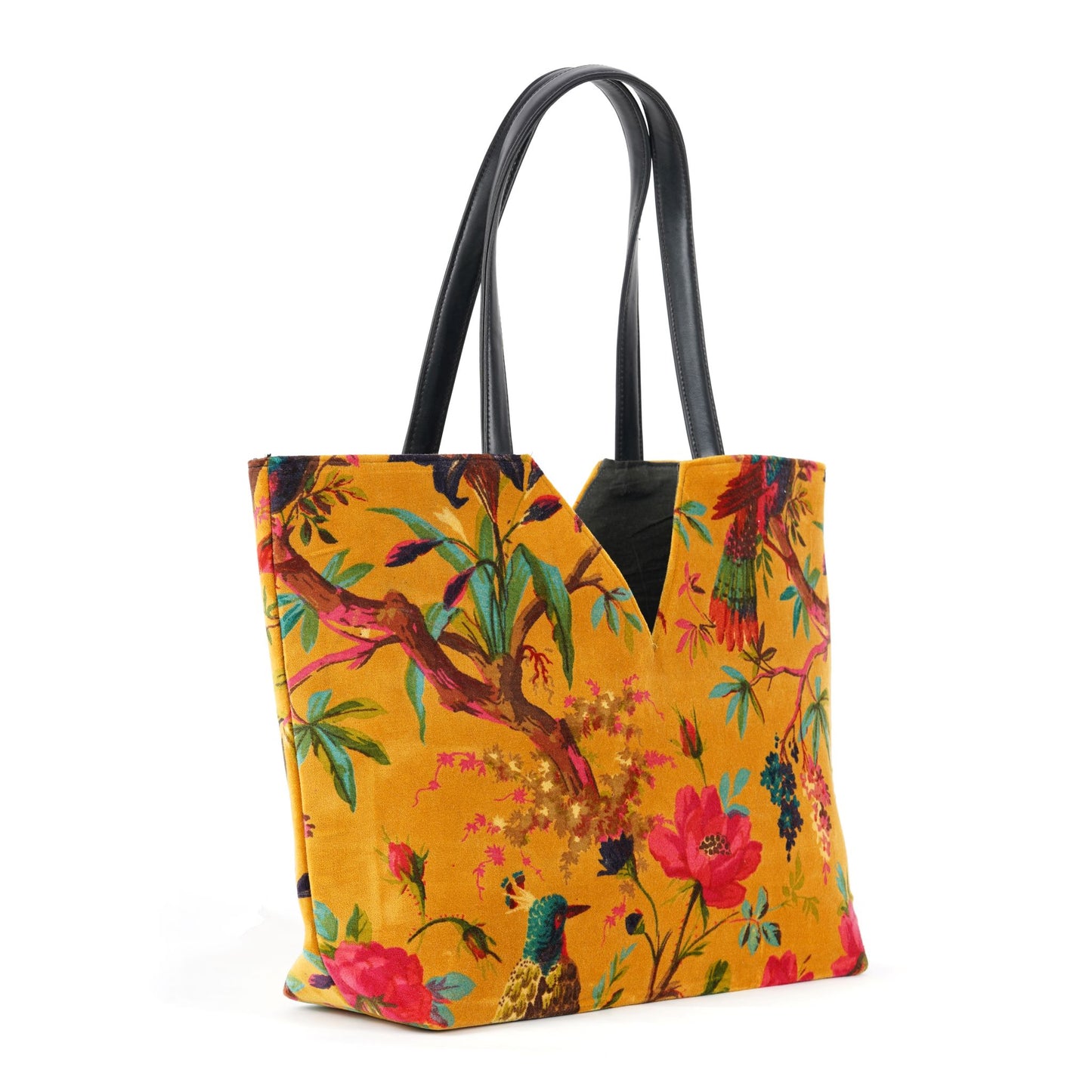 Birds of Paradise V Cut Hand Bag- Mustard Yellow - The Teal Thread