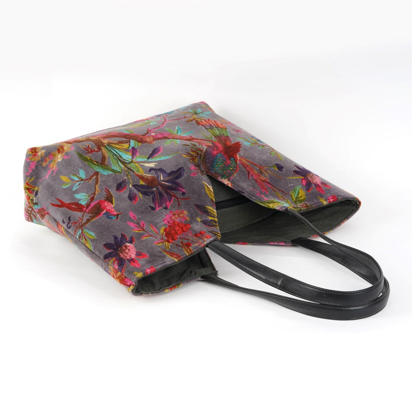 Birds of Paradise V Cut Hand Bag- Grey - The Teal Thread