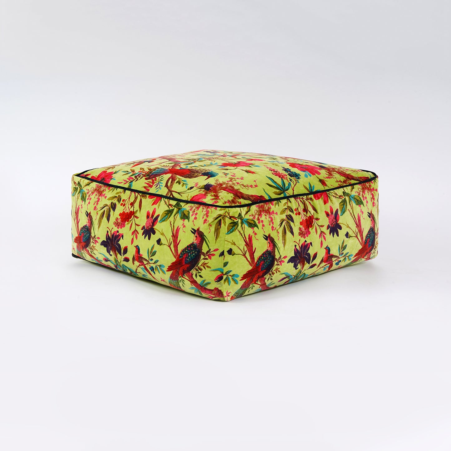 Birds of Paradise Velvet Square Ottoman / bean bag - Lime green - The Teal Thread