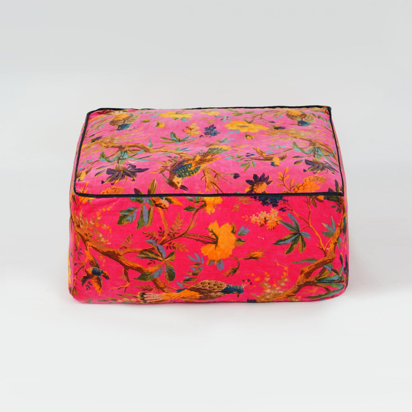 Birds of Paradise Velvet Square Ottoman / bean bag -Bright Pink - The Teal Thread