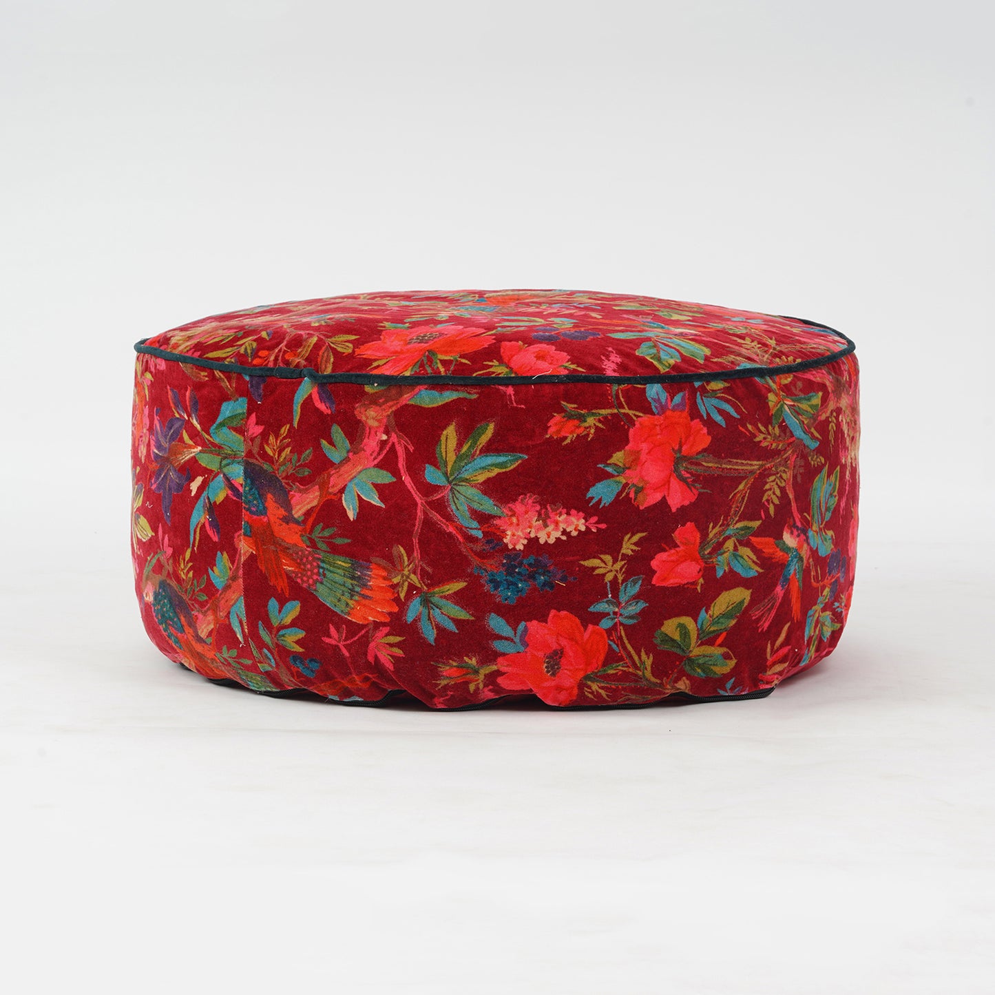 Birds of Paradise Velvet Round Ottoman / bean bag -Maroon - The Teal Thread