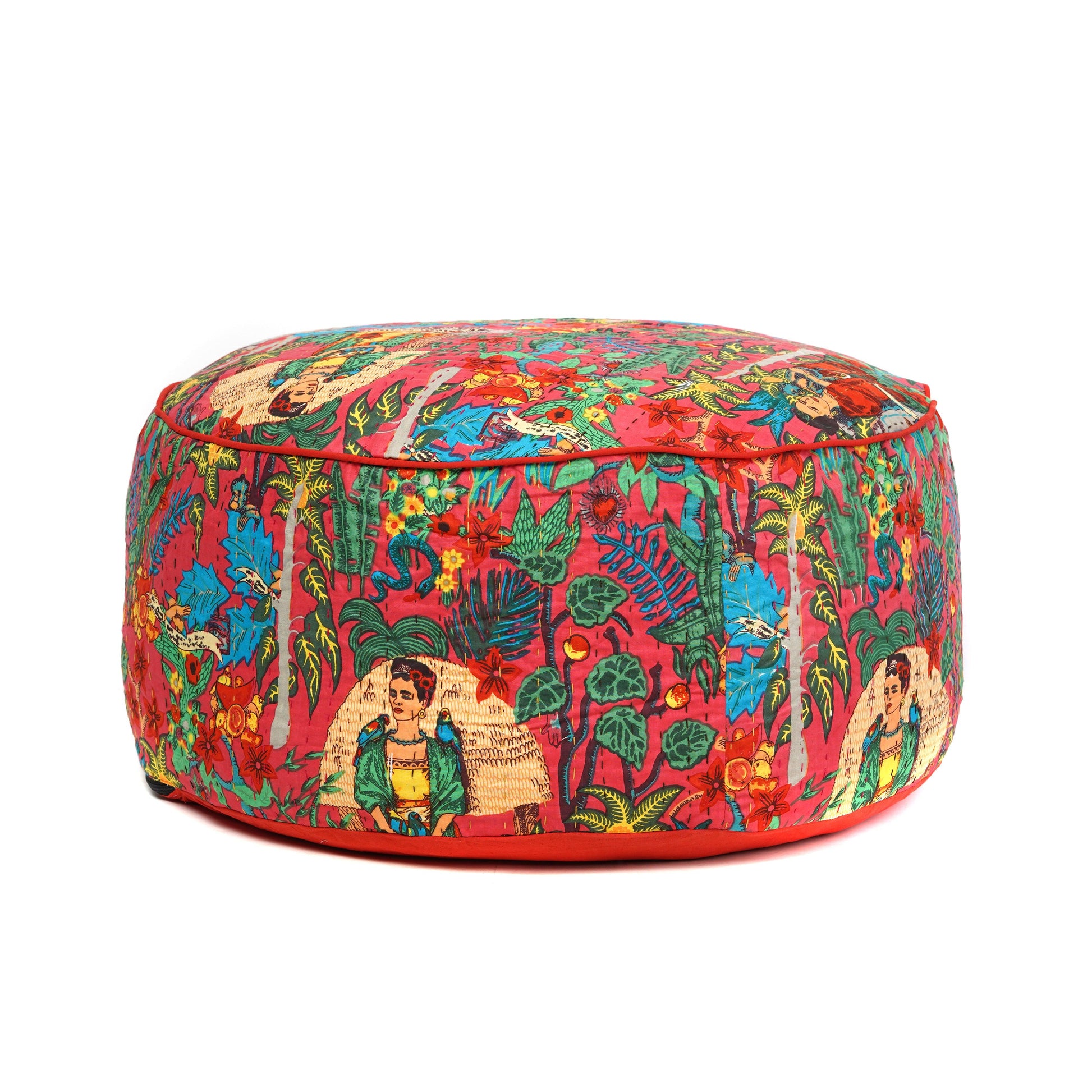 Frida Kahlo Kantha Round Ottoman / bean bag - Orange - The Teal Thread