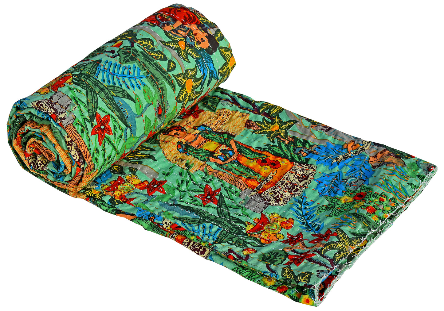 Frida Kahlo Kantha Bedcover Green - The Teal Thread